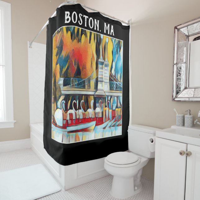 Art Deco Boston Swan Boats on black background Shower Curtain (In Situ)