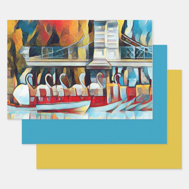 Art Deco Boston Swan Boats  Wrapping Paper Sheet (Set)
