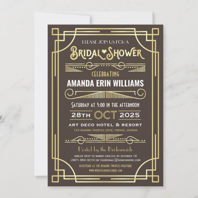 Art Deco Bridal Shower Elegant Gold Chocolate Invitation (Front)