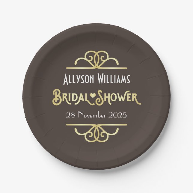 Art Deco Bridal Shower Elegant Gold Chocolate Paper Plate (Front)