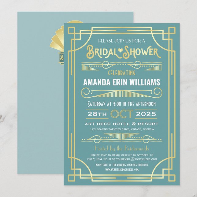 Art Deco Bridal Shower Elegant Gold Turquoise Invitation (Front/Back)
