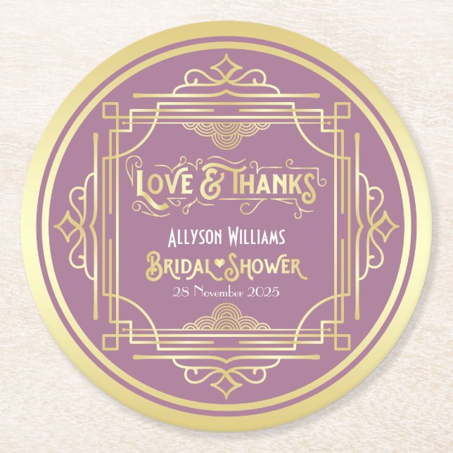 Art Deco Bridal Shower Gold Lilac Love & Thanks Round Paper Coaster (Front)