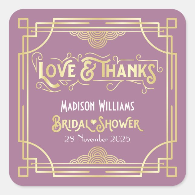 Art Deco Bridal Shower Gold Lilac Love & Thanks Square Sticker (Front)