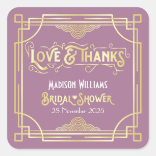 Art Deco Bridal Shower Gold Lilac Love & Thanks Square Sticker