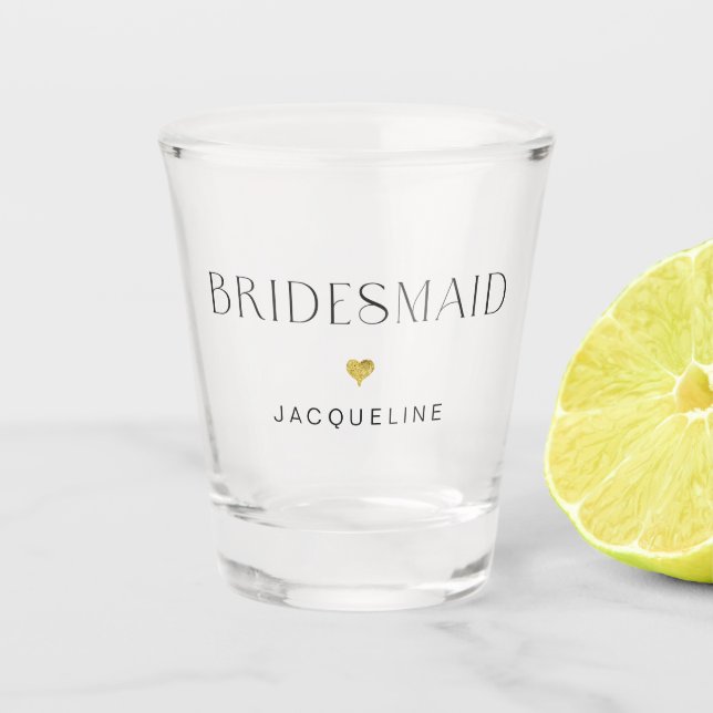 Art Deco Bridesmaid Gold Glitter Heart Name Shot Glass (Front)