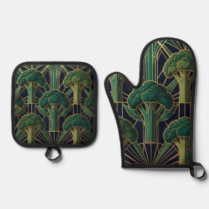 Art Deco Broccoli Pattern Oven Mitt & Pot Holder Set