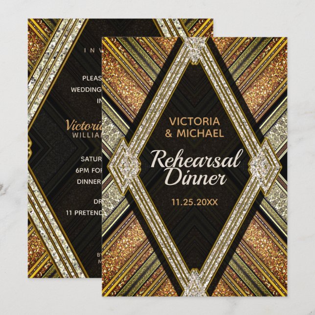 Art Deco Bronze Glamour Wedding Rehearsal Dinner Invitation (Front/Back)