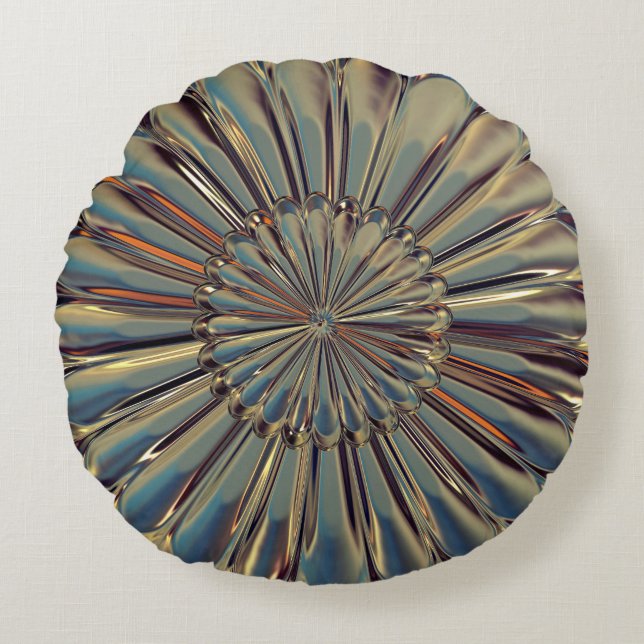 Art deco bronze metallic flower medallion round cushion (Front)