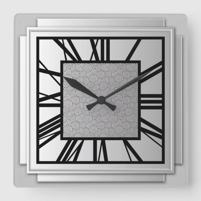 Art Deco, brushed silver Square Wall Clock (Front)