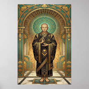 Art Deco Buddhist Monk Lotus Meditation Gold Teal  Poster