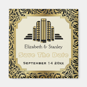 Art Deco building black gold wedding Save the Date Magnet