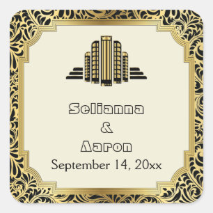 Art Deco building black gold wedding Save the Date Square Sticker