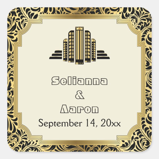 Art Deco building black gold wedding Save the Date Square Sticker (Front)