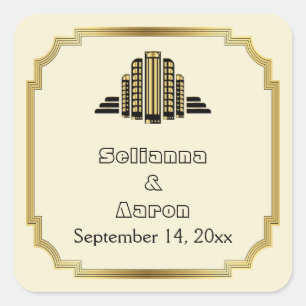 Art Deco building black gold wedding Save the Date Square Sticker