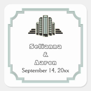 Art Deco building black mint wedding Save the Date Square Sticker