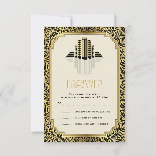 Art Deco buildings black, gold wedding RSVP (Front)