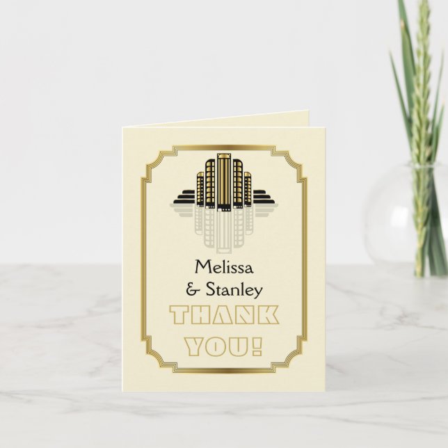 Art Deco buildings black, gold wedding Thank You (Front)
