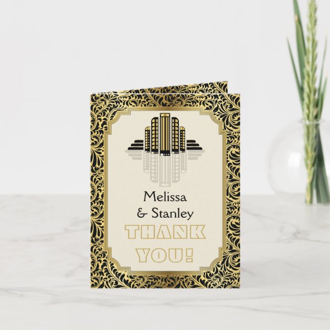 Art Deco buildings black, gold wedding Thank You (Front)