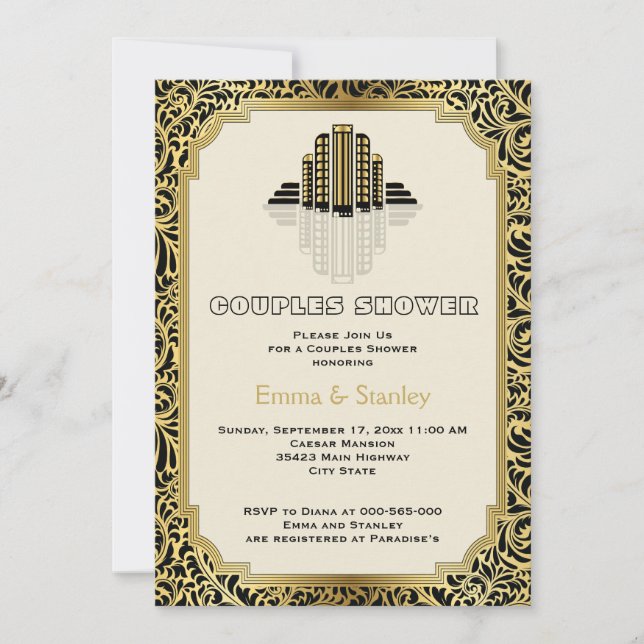 Art Deco buildings gold wedding  couples shower Invitation (Front)