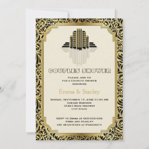 Art Deco buildings gold wedding  couples shower Invitation