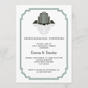 Art Deco buildings mint wedding  rehearsal dinner Invitation