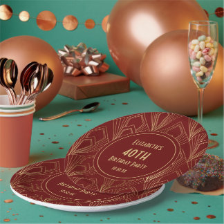 Art Deco Burgundy & Gold 40th Birthday Party Paper Plate