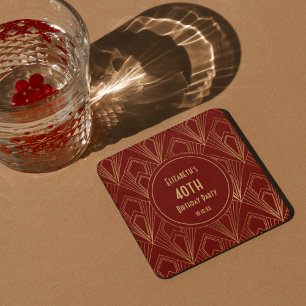 Art Deco Burgundy & Gold 40th Birthday Party   Square Paper Coaster