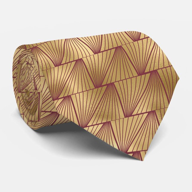 art deco Burgundy gold tiled pattern Tie (Rolled)