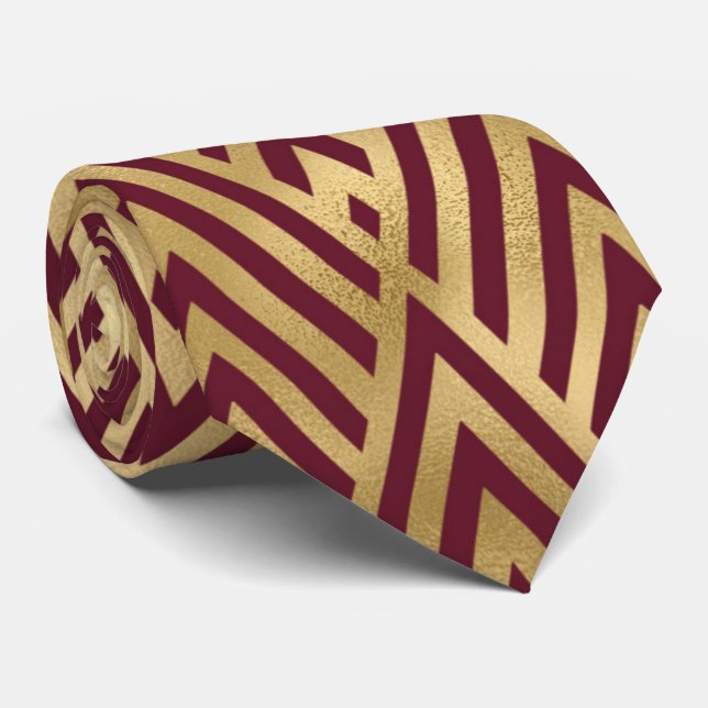 art deco Burgundy gold tiled pattern Tie (Rolled)