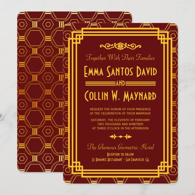 Art Deco Burgundy Wedding Invites (Front/Back)