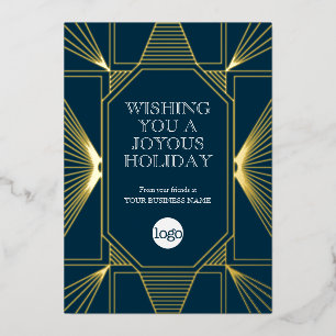 Art Deco Business Christmas Greeting Navy Blue Foil Holiday Card