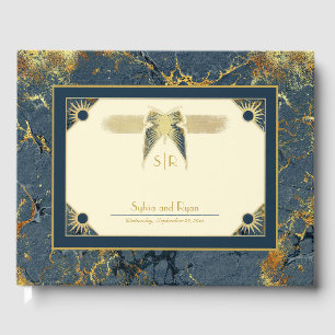 Art Deco Butterfly Monogram Blue and Gold Wedding  Guest Book