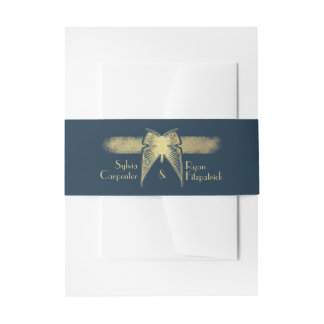 Art Deco Butterfly Monogram Blue and Gold Wedding Invitation Belly Band