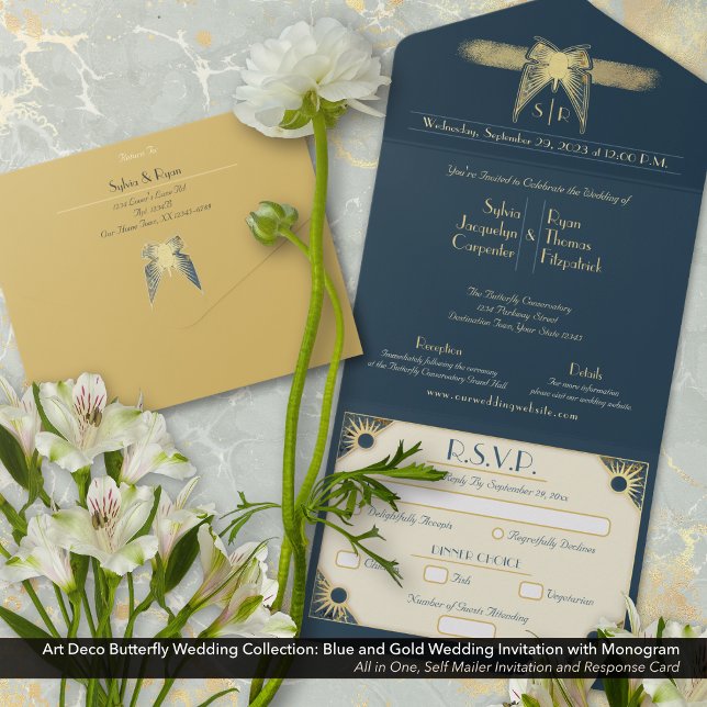 Art Deco Butterfly Monogram Blue Gold Wedding  All In One Invitation (Art Deco Butterfly All In One Wedding Invitation: Blue and Gold with a Monogram.)
