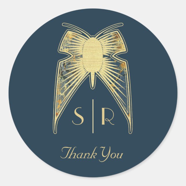 Art Deco Butterfly Monogram "Thank You" Classic Round Sticker (Front)