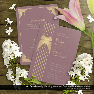 Art Deco Butterfly Pink and Gold Wedding Invitation