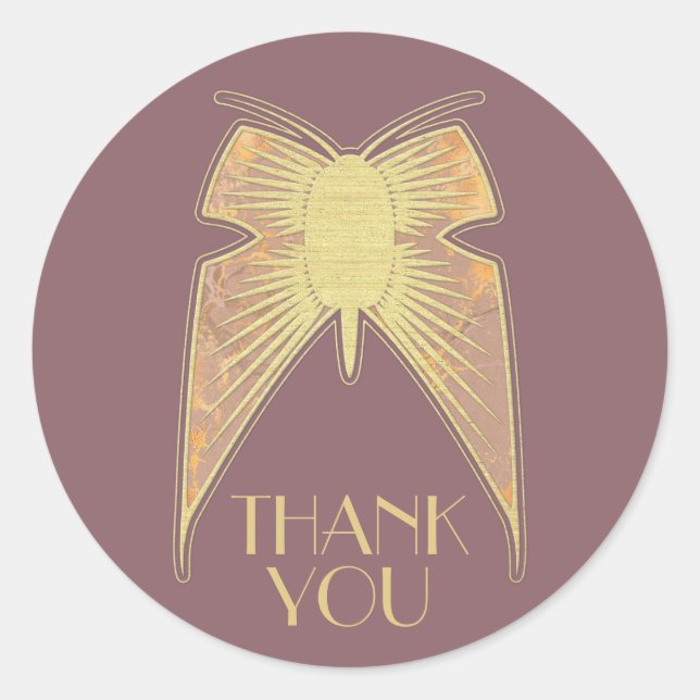 Art Deco Butterfly Pink Gold "Thank You" Classic Round Sticker (Front)