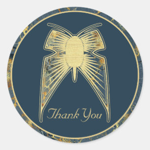 Art Deco Butterfly "Thank You" Blue Gold Marble Classic Round Sticker
