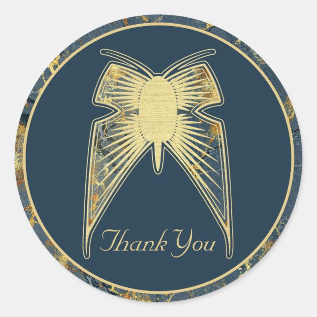 Art Deco Butterfly "Thank You" Blue Gold Marble Classic Round Sticker (Front)