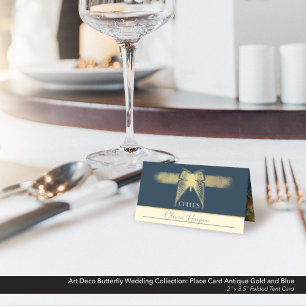 Art Deco Butterfly Wedding Antique Gold Blue Tent Place Card