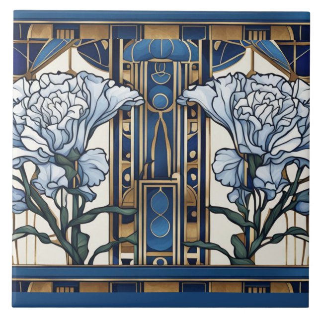 Art Deco Carnation Flowers Art Nouveau Blue Floral Tile (Front)