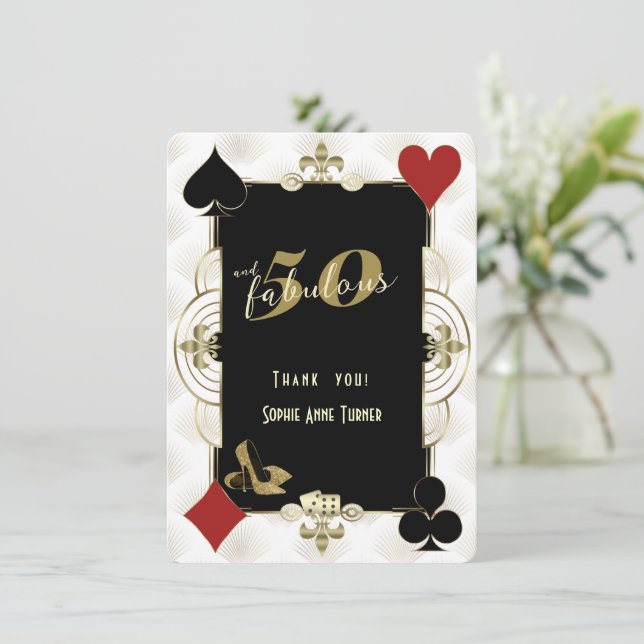 Art Deco Casino Poker 50 and Fabulous Birthday  Thank You Card (Standing Front)