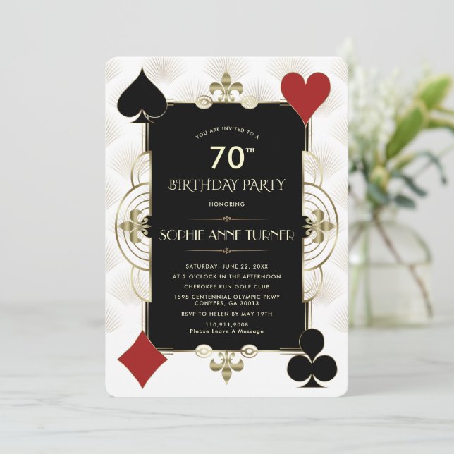 Art Deco Casino Royale Poker Woman 70th Birthday  Invitation (Standing Front)
