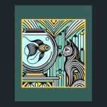 Art Deco Cat and Fish Encounter - Curious Eyes Poster<br><div class="desc">In this striking Art Deco-inspired illustration, a poised cat and an elegant fish share a moment of mutual curiosity. The cat’s intricate striped fur mirrors the hypnotic curves of the fish’s fins, creating a harmonious interplay of lines and patterns. Rich in teal, gold, and black, this design captures a sophisticated,...</div>