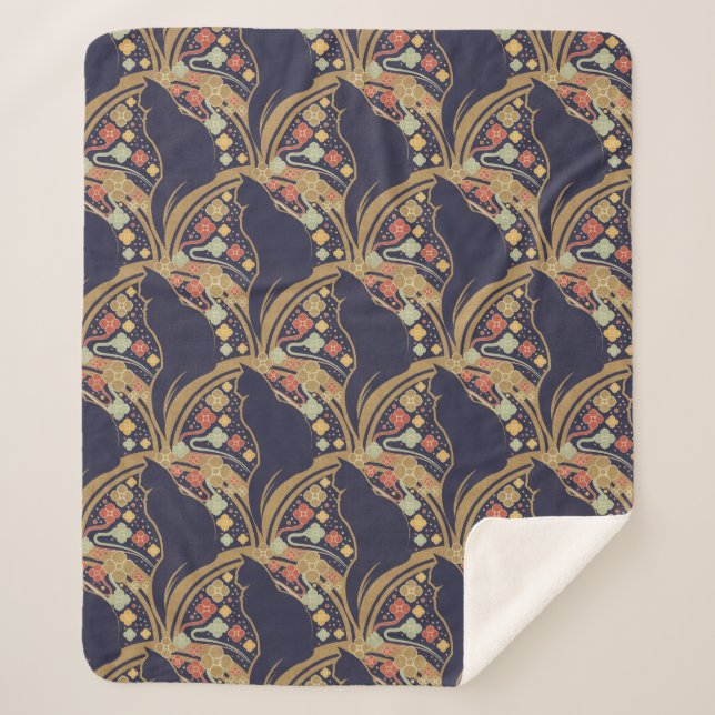 Art Deco Cat Floral Pattern Sherpa Blankets (Front)