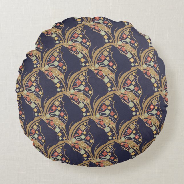 Art Deco Cat Floral Pattern Sherpa Blankets Round Cushion (Front)