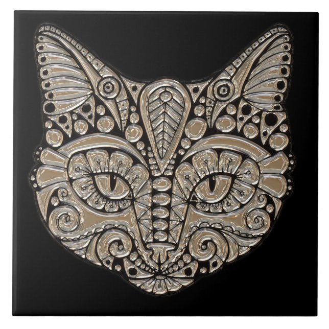 Art deco cat jewel emblem ceramic tile (Front)
