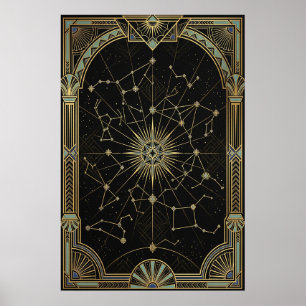 Art Deco Celestial Star Chart Poster   Gold Teal 