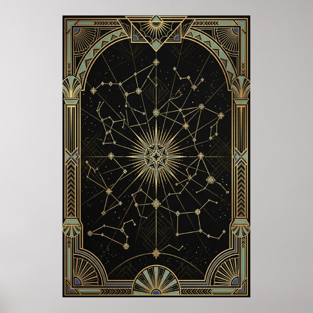 Art Deco Celestial Star Chart Poster | Gold Teal  (Front)