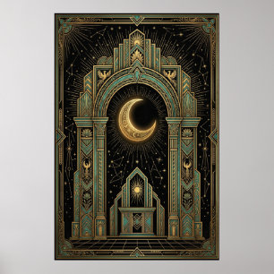 Art Deco Celestial Temple Poster   Gold Sunburst